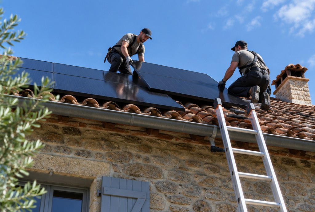 Installateurs posant des panneaux solaires sur un toit en tuiles