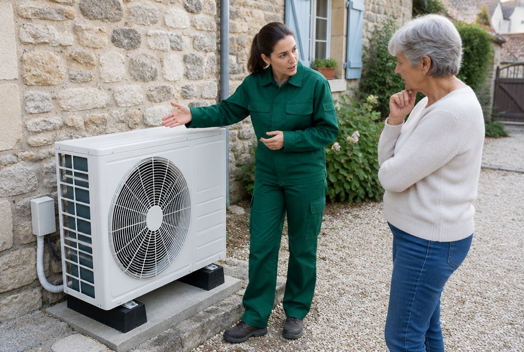 Technicienne expliquant la pompe à chaleur à une propriétaire